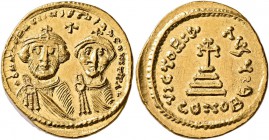Heraclius, with Heraclius Constantine, 610-641. Solidus (Gold, 21 mm, 4.51 g, 7 h), Constantinopolis, circa 616-625. dd NN hERACLIVS ET hERA CONST PP ...