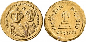Heraclius, with Heraclius Constantine, 610-641. Solidus (Gold, 20 mm, 4.44 g, 7 h), Constantinopolis, circa 616-625. dd NN hERACLIUS ET hERA CONST PP ...