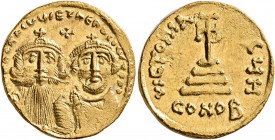 Heraclius, with Heraclius Constantine, 610-641. Solidus (Gold, 20 mm, 4.45 g, 6 h), Constantinopolis, circa 629-632. dd NN hERACLIVS ET hERA CONST PP ...