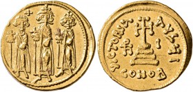Heraclius, with Heraclius Constantine and Heraclonas, 610-641. Solidus (Gold, 20 mm, 4.42 g, 7 h), Constantinopolis, indictional year I (10) = 636/637...