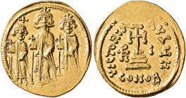 Heraclius, with Heraclius Constantine and Heraclonas, 610-641. Solidus (Gold, 21 mm, 4.45 g, 7 h), Constantinopolis, indictional year I (10) = 636/637...