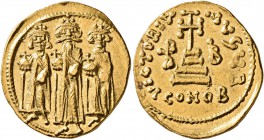 Heraclius, with Heraclius Constantine and Heraclonas, 610-641. Solidus (Gold, 20 mm, 4.45 g, 6 h), Constantinopolis, indictional year IB (12) = 638/63...