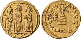 Heraclius, with Heraclius Constantine and Heraclonas, 610-641. Solidus (Gold, 20 mm, 4.46 g, 6 h), Constantinopolis, circa 638/9-641. Heraclonas, wear...