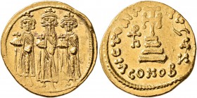 Heraclius, with Heraclius Constantine and Heraclonas, 610-641. Solidus (Gold, 20 mm, 4.48 g, 7 h), Constantinopolis, circa 638/9-641. Heraclonas, wear...