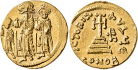 Heraclius, with Heraclius Constantine and Heraclonas, 610-641. Solidus (Gold, 20 mm, 4.35 g, 7 h), Constantinopolis. Heraclonas, Heraclius and Heracli...