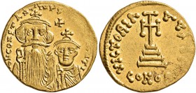 Constans II, with Constantine IV, 641-668. Solidus (Gold, 20 mm, 4.43 g, 7 h), Constantinopolis, 654-659. d N CONSTANTINЧS C CONSTANTI Crowned, with c...