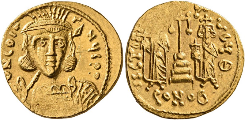Constantine IV Pogonatus, with Heraclius and Tiberius, 668-685. Solidus (Gold, 1...