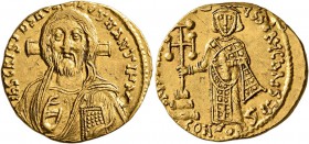 Justinian II, first reign, 685-695. Solidus (Gold, 20 mm, 4.46 g, 7 h), Constantinopolis, 692-695. IhS CRISTDS REX REGNANTIЧM Draped bust of Christ fa...