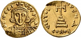 Tiberius III (Apsimar), 698-705. Solidus (Gold, 19 mm, 4.37 g, 6 h), Constantinopolis. D tIbЄRIЧS PЄ AV Crowned and cuirassed bust of Tiberius III fac...