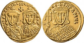 Constantine V Copronymus, with Leo IV, 741-775. Solidus (Gold, 21 mm, 4.42 g, 6 h), Constantinopolis, circa 750-756. COҺSTAҺTIҺOS S LЄOҺ O ҺЄOS Crowne...