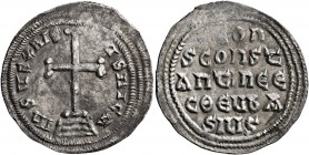 Leo IV the Khazar, with Constantine VI, 775-780. Miliaresion (Silver, 23 mm, 2.17 g, 12 h), Constantinopolis. IҺSЧS XRISTЧS ҺICA Cross potent set on t...