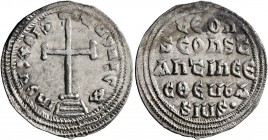 Leo IV the Khazar, with Constantine VI, 775-780. Miliaresion (Silver, 23 mm, 2.08 g, 12 h), Constantinopolis. IҺSЧS XRISTЧS ҺICA Cross potent set on t...
