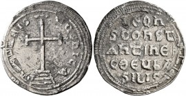 Leo IV the Khazar, with Constantine VI, 775-780. Miliaresion (Silver, 23 mm, 2.19 g, 12 h), Constantinopolis. IҺSЧS XRISTЧS ҺICA Cross potent set on t...