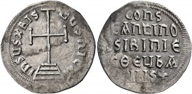 Constantine VI & Irene, 780-797. Miliaresion (Silver, 21 mm, 2.31 g, 12 h), Constantinopolis. IҺSЧS XRISTЧS ҺICA Cross potent set on three steps. Rev....