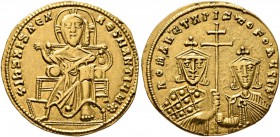 Constantine VII Porphyrogenitus, with Romanus I and Christopher, 913-959. Solidus (Gold, 20 mm, 4.19 g, 6 h), Constantinopolis, circa 924-931. IhS XPS...