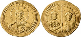 Basil II Bulgaroktonos, with Constantine VIII, 976-1025. Histamenon (Gold, 26 mm, 4.42 g, 7 h), Constantinopolis, circa 1005-1025. +IҺS XIS REX REGNAN...