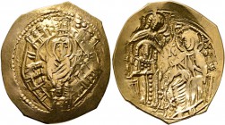 Michael VIII Palaeologus, 1261-1282. Hyperpyron (Gold, 26 mm, 4.01 g, 6 h), Constantinopolis. Bust of the Virgin orans within the city walls furnished...