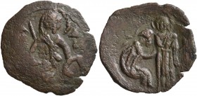 Uncertain Palaeologan issue, circa 1282-1341. Stamenon (Copper, 19 mm, 1.41 g, 6 h), Constantinopolis (?). Half figure of S. Demetrius, nimbate and in...