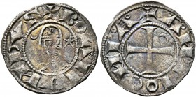 CRUSADERS. Antioch. Bohémond III , 1163-1201. Denier (Silver, 18 mm, 0.85 g, 2 h), circa 1163-1188. + BOAИVИDVS Helmeted head to left; crescent to lef...