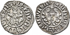 ARMENIA, Cilician Armenia. Royal. Levon I , 1198-1219. Half Tram (Silver, 17 mm, 1.34 g, 2 h). Levon seated facing on throne decorated with lions, hol...