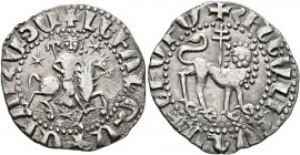ARMENIA, Cilician Armenia. Royal. Levon II , 1270-1289. Tram (Silver, 21 mm, 2.64 g, 8 h). King right on horseback; holding scepter; three stars aroun...