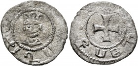 ARMENIA, Cilician Armenia. Royal. Levon V , 1374-1393. Denier (Billon, 15 mm, 0.58 g, 11 h). Crowned facing bust. Rev. Cross pattée. AC 500. Rare. Ver...