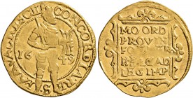 LOW COUNTRIES. Verenigde Nederlanden (United Netherlands). 1581-1795. Ducat (Gold, 24 mm, 3.45 g, 3 h), Geldern, dated 1649. Knight standing right, ho...