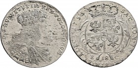 POLAND, Monarchs. August III Sas (the Saxon), 1734-1763. 18 Groszy (Silver, 28 mm, 6.15 g, 12 h), Leipzig, dated 1755. Crowned, draped and cuirassed b...