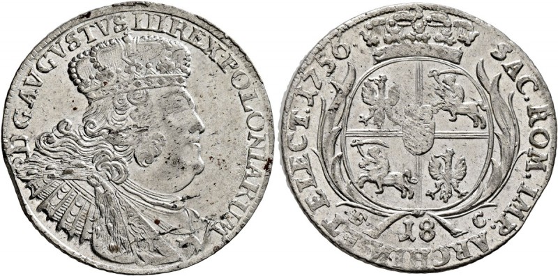 POLAND, Monarchs. August III Sas (the Saxon) , 1734-1763. 18 Groszy (Silver, 28 ...