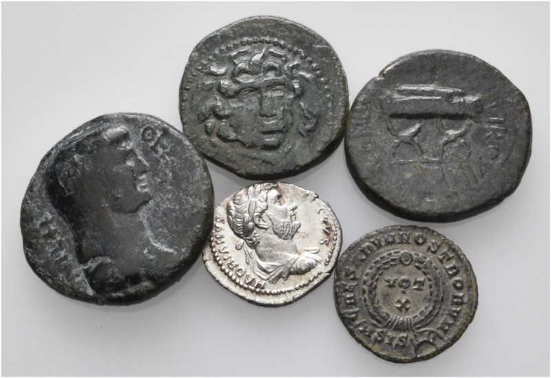 A lot containing 1 silver and 4 bronze coins. Includes: Greek, Roman Provincial ...
