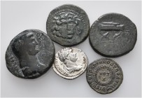 A lot containing 1 silver and 4 bronze coins. Includes: Greek, Roman Provincial and Roman Imperial. Fine to very fine. LOT SOLD AS IS, NO RETURNS. 5 c...