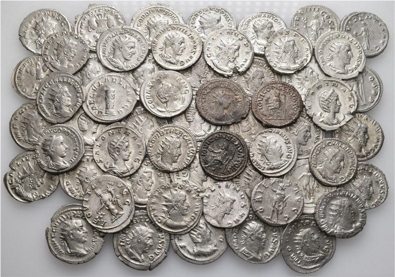 A lot containing 56 silver coins. Includes: antoniniani of Elagabalus (1), Gordi...