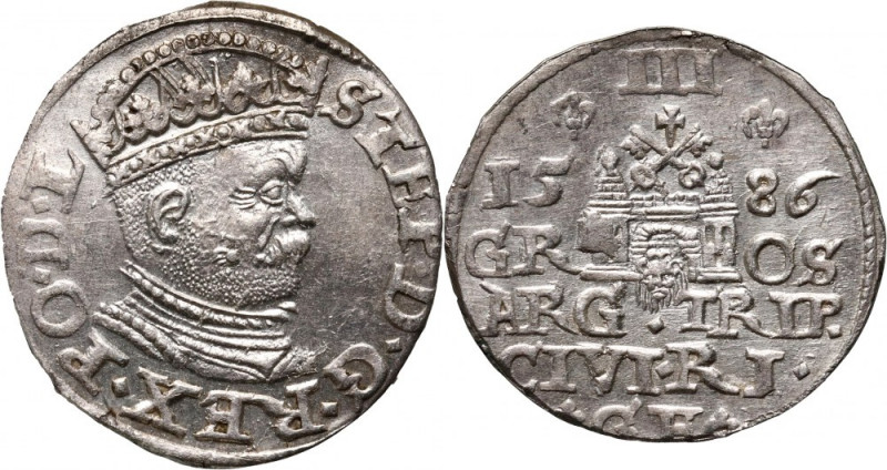 Stefan Batory, trojak 1586, Ryga Odmiana z małą głową króla. Okołomenniczy. Refe...
