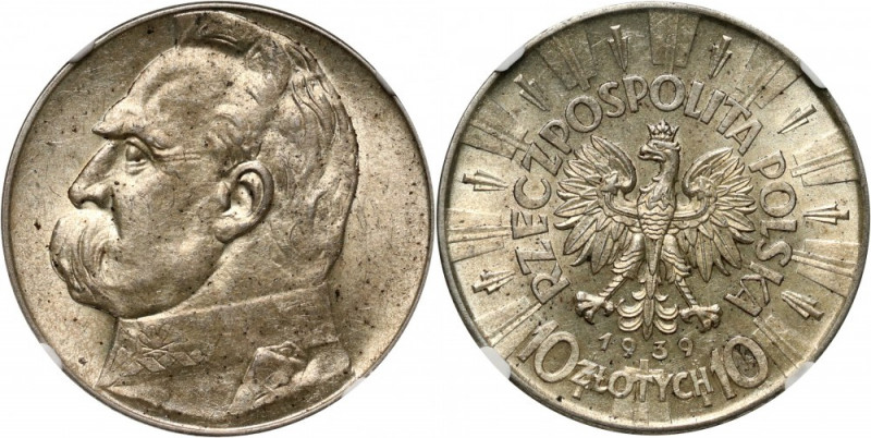 II RP, 10 złotych 1939, Warszawa, Józef Piłsudski Okołomennicze, z ładnym połysk...