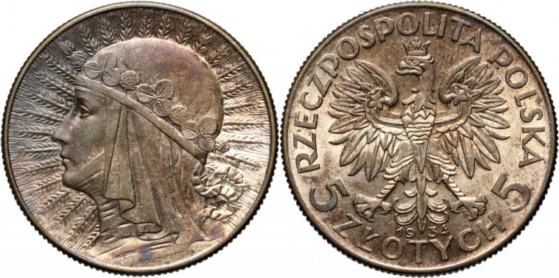 II RP, 5 złotych 1934, Warszawa, Głowa kobiety Bardzo ładne. Reference: Parchimo...