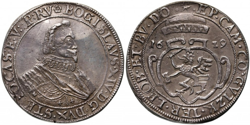 Pomorze, Bogusław XIV, talar 1629, Szczecin Srebro 29,36 g. Ślady poprawiania/gł...