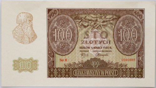 Generalne Gubernatorstwo, 100 złotych 1.03.1940, seria B, fałszerstwo Związku Wa...