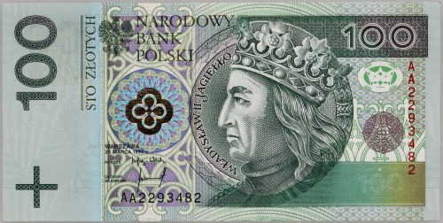 III RP, 100 złotych 25.03.1994, seria AA Numer 293482. Najwyższa nota w PMG. Jed...
