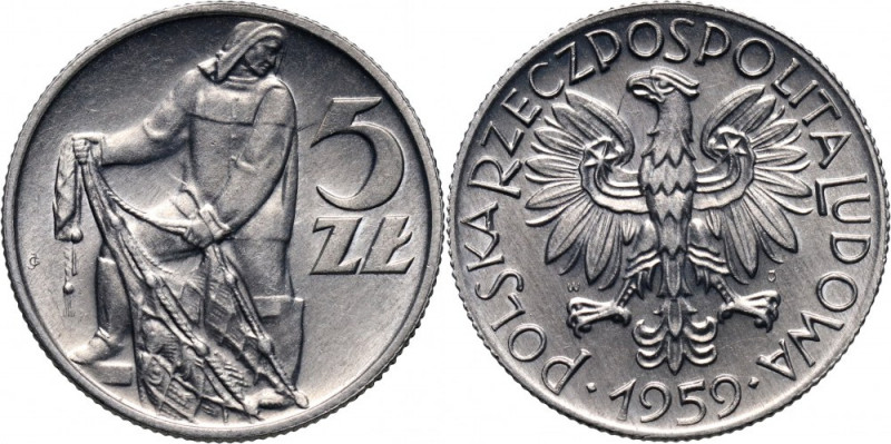 PRL, 5 złotych 1959, Rybak, 'Słoneczko' pod ręką rybaka Reference: Parchimowicz ...