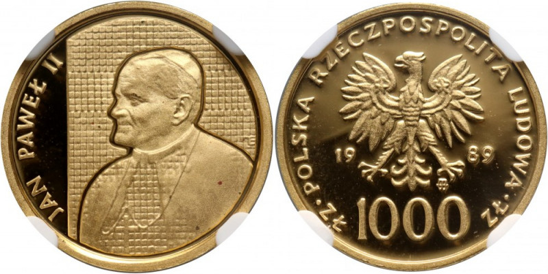 PRL, 1000 złotych 1989, Jan Paweł II Złoto. Nakład: 1000 sztuk. Pięknie zachowan...