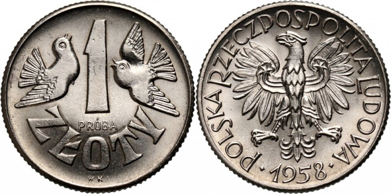 PRL, 1 złoty 1958, PRÓBA, nikiel, gołąbki Nakład: 500 sztuk.
Reference: Parchim...