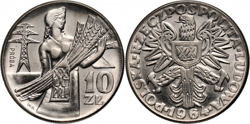 PRL, 10 złotych 1964, Kobieta z kłosami (XX Lat PRL), PRÓBA, nikiel Nakład: 500 ...