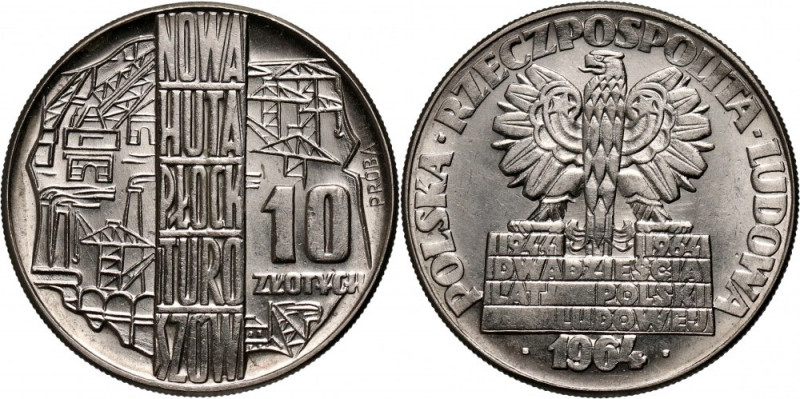 PRL, 10 złotych 1964, Nowa Huta, Płock, Turoszów, PRÓBA, nikiel Nakład: 500 szt....