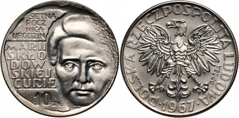 PRL, 10 złotych 1967, Maria Skłodowska-Curie, PRÓBA, nikiel Nakład: 500 szt. Ref...