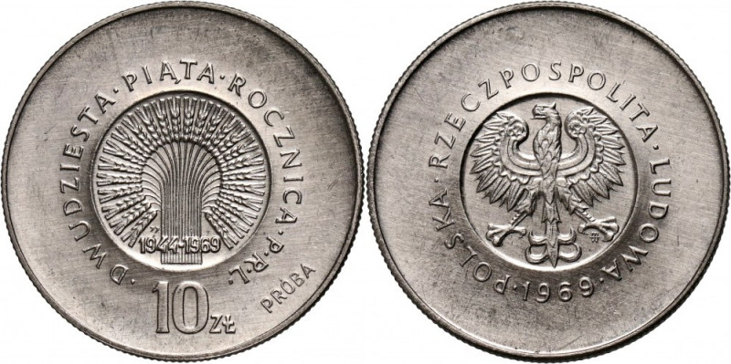 PRL, 10 złotych 1969, 25. rocznica PRL, PRÓBA, nikiel, z monogramem JJ na rewers...