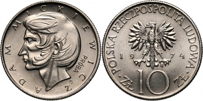 PRL, 10 złotych 1974, Adam Mickiewicz, PRÓBA, nikiel Nakład: 500 szt. Reference:...