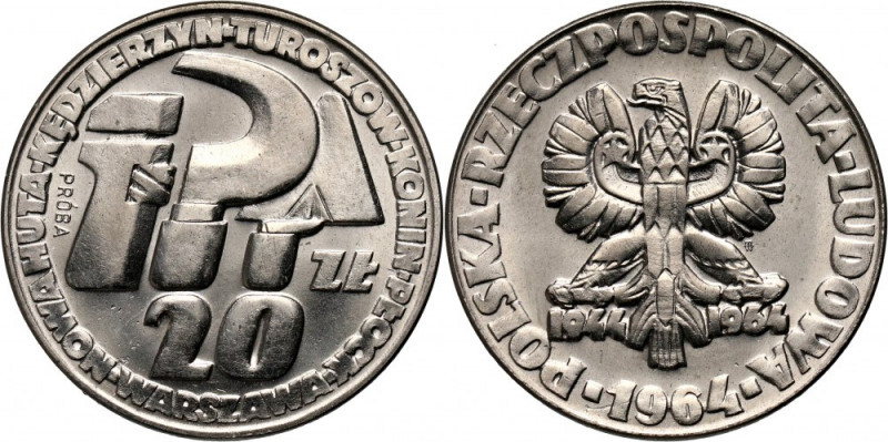 PRL, 20 złotych 1964, Klucz, sierp i kielnia, PRÓBA, nikiel Nakład: 500 szt. Ref...