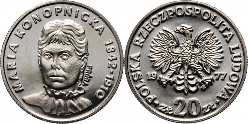 PRL, 20 złotych 1977, Maria Konopnicka, PRÓBA, nikiel Nakład: 500 szt. Reference...