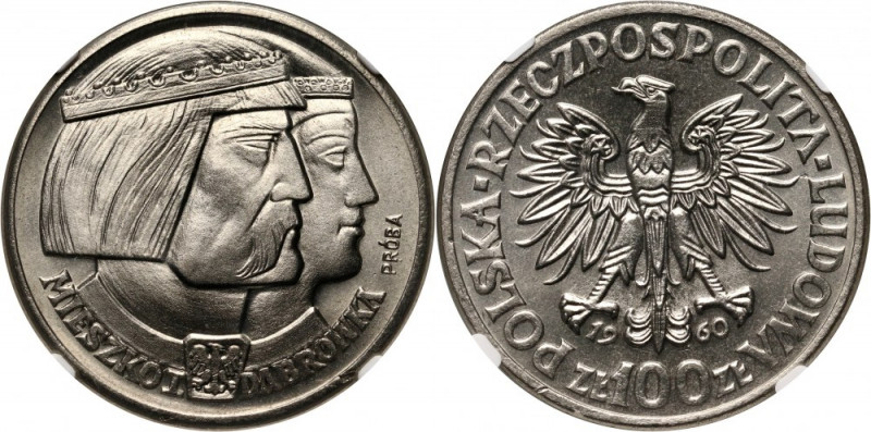 PRL, 100 złotych 1960, Mieszko i Dąbrówka, PRÓBA, nikiel Nakład: 500 szt. Błędni...