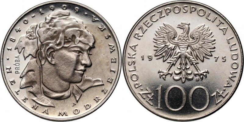 PRL, 100 złotych 1975, Helena Modrzejewska, PRÓBA, nikiel Nakład: 500 szt. Plama...